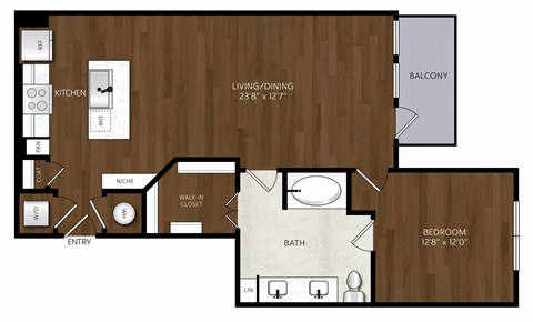 Floor plan for 1 bed, 1 bath, 847 sqft